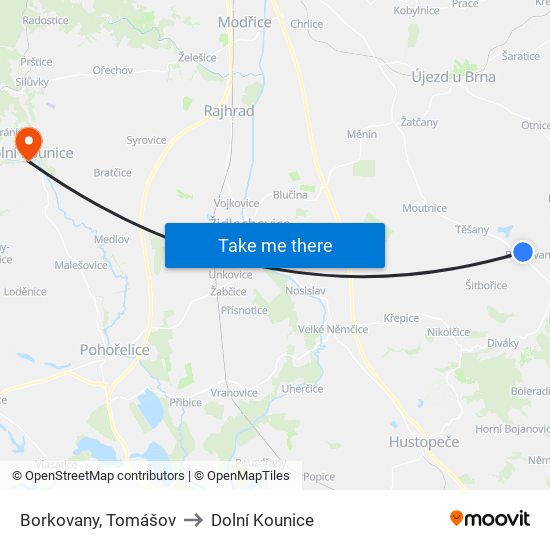 Borkovany, Tomášov to Dolní Kounice map