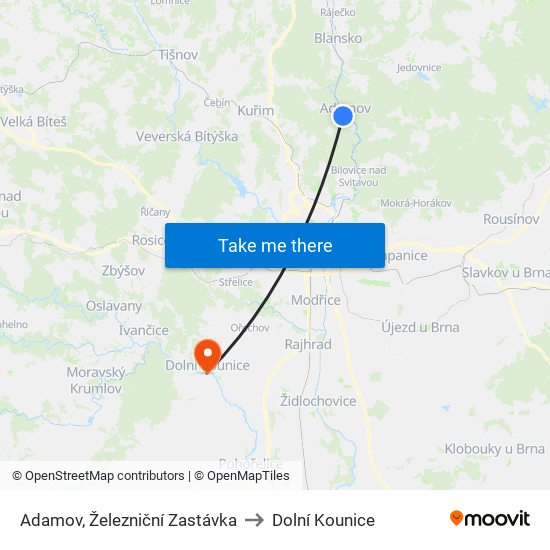 Adamov, Železniční Zastávka to Dolní Kounice map