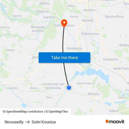 Novosedly to Dolní Kounice map