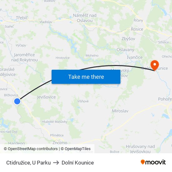 Ctidružice, U Parku to Dolní Kounice map