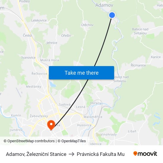 Adamov, Železniční Stanice to Právnická Fakulta Mu map