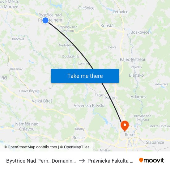 Bystřice Nad Pern., Domanínek to Právnická Fakulta Mu map