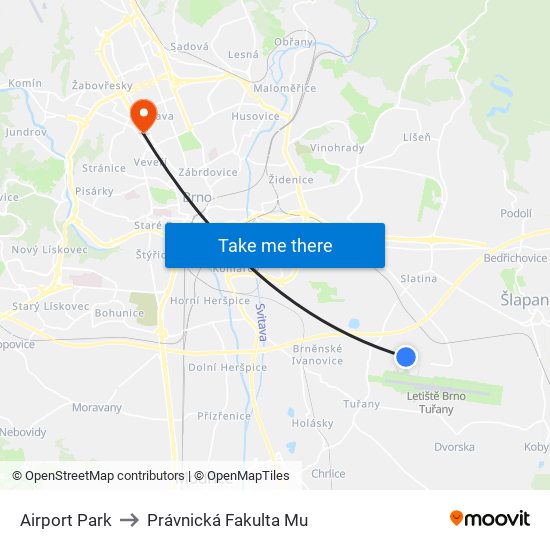 Airport Park to Právnická Fakulta Mu map