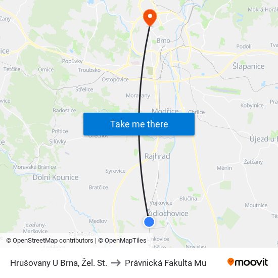 Hrušovany U Brna, Žel. St. to Právnická Fakulta Mu map