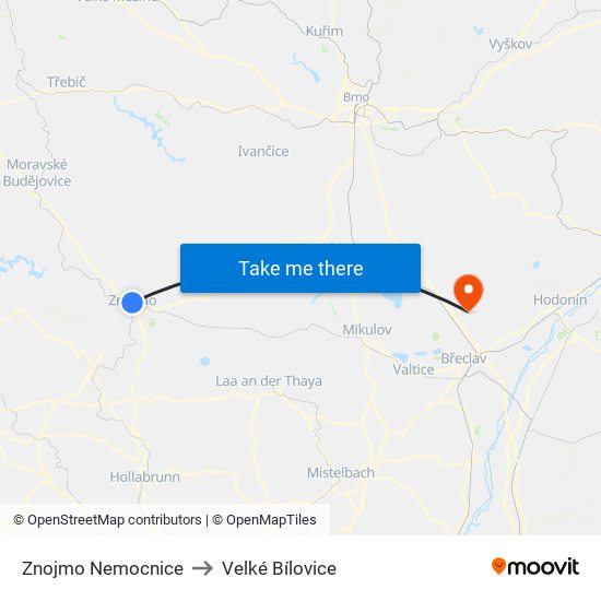 Znojmo Nemocnice to Velké Bílovice map