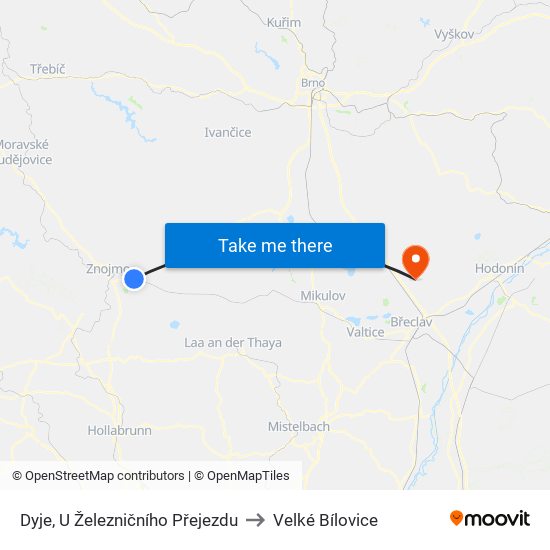 Dyje, U Železničního Přejezdu to Velké Bílovice map