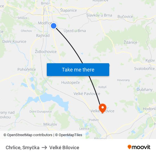 Chrlice, Smyčka to Velké Bílovice map