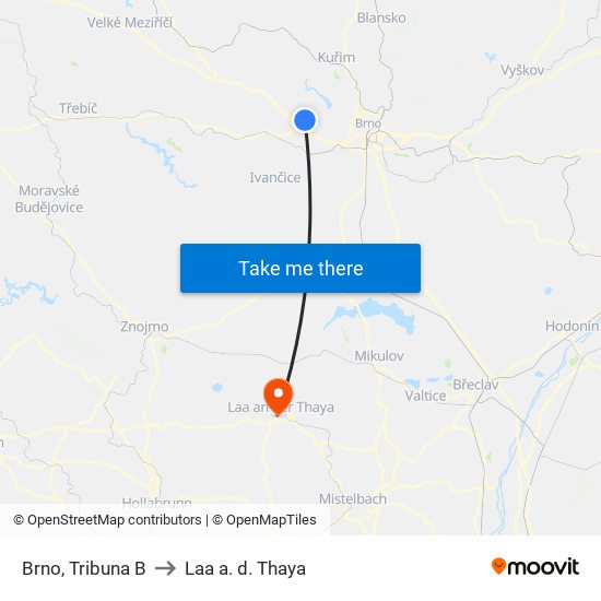 Brno, Tribuna B to Laa a. d. Thaya map