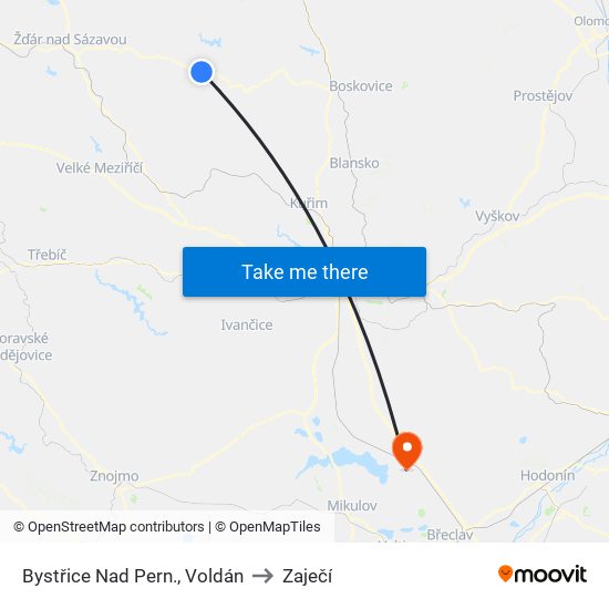 Bystřice Nad Pern., Voldán to Zaječí map