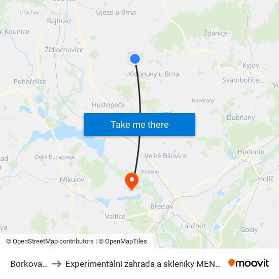 Borkovany to Experimentální zahrada a skleníky MENDELU map