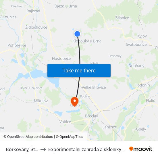 Borkovany, Štoček to Experimentální zahrada a skleníky MENDELU map