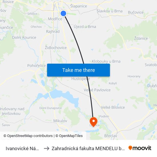 Ivanovické Náměstí to Zahradnická fakulta MENDELU budova A map