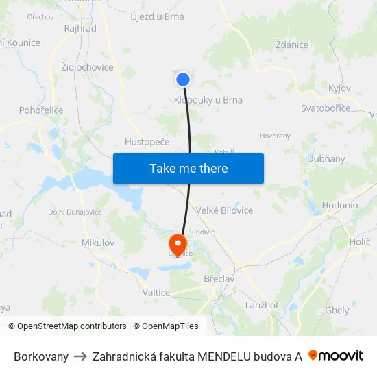 Borkovany to Zahradnická fakulta MENDELU budova A map