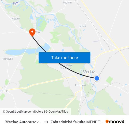 Břeclav, Autobusové Nádraží to Zahradnická fakulta MENDELU budova A map