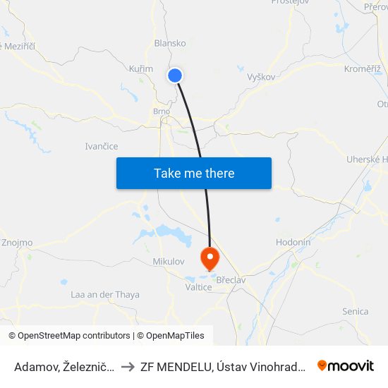 Adamov, Železniční Stanice to ZF MENDELU, Ústav Vinohradnictví a vinařství map