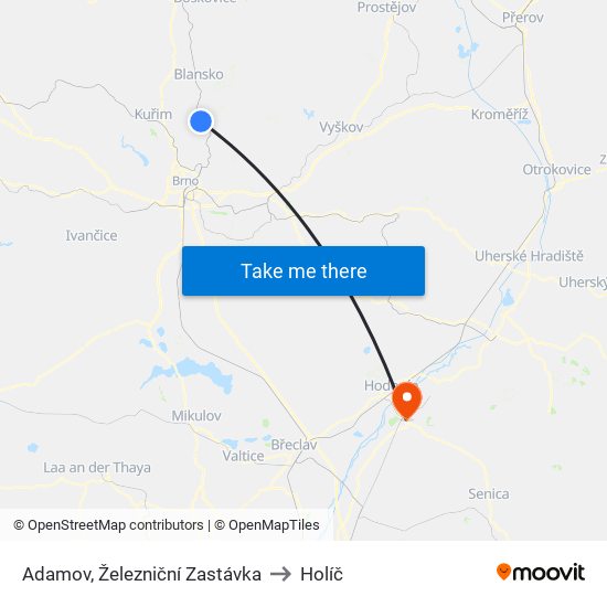 Adamov, Železniční Zastávka to Holíč map