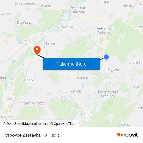 Vrbovce Zastávka to Holíč map