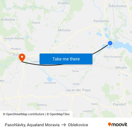 Pasohlávky, Aqualand Moravia to Oblekovice map