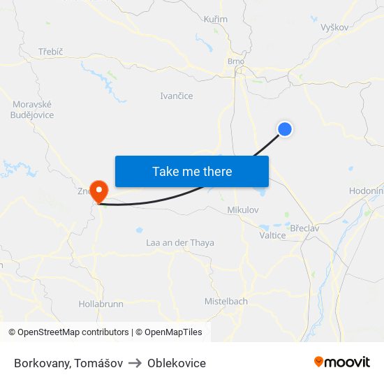 Borkovany, Tomášov to Oblekovice map