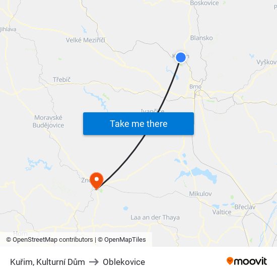 Kuřim, Kulturní Dům to Oblekovice map