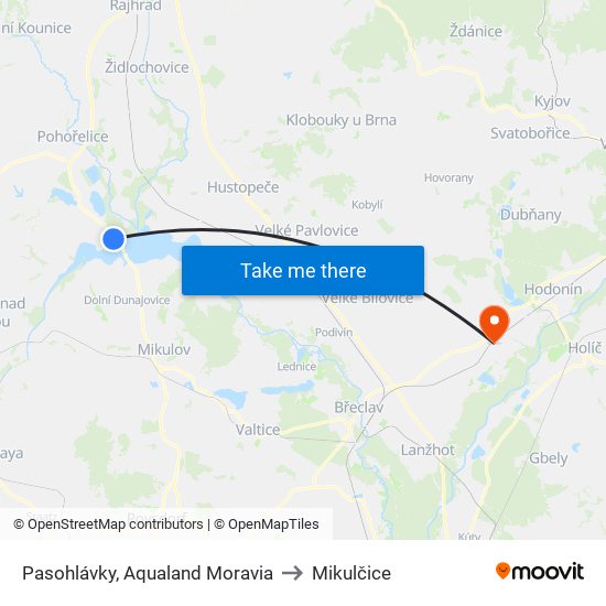 Pasohlávky, Aqualand Moravia to Mikulčice map