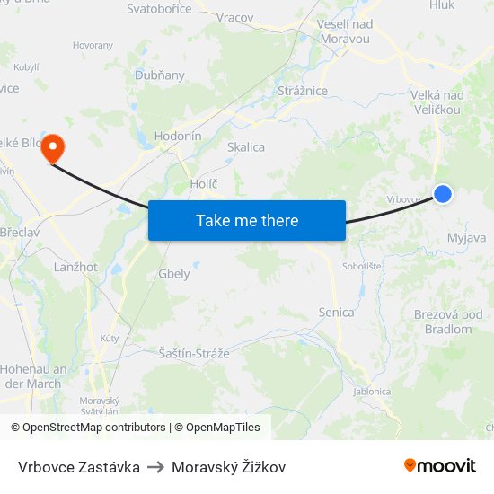 Vrbovce Zastávka to Moravský Žižkov map