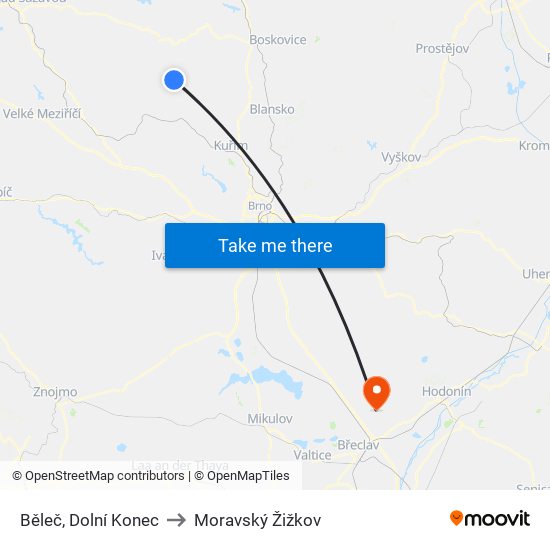 Běleč, Dolní Konec to Moravský Žižkov map