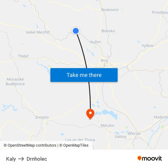 Kaly to Drnholec map