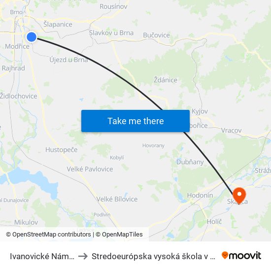 Ivanovické Náměstí to Stredoeurópska vysoká škola v Skalici map