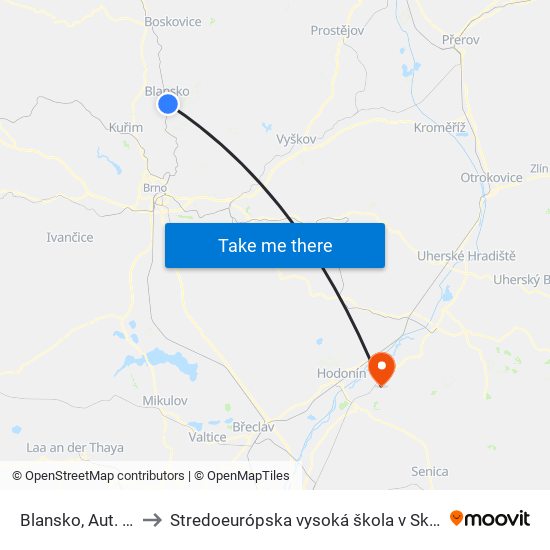 Blansko, Aut. St. to Stredoeurópska vysoká škola v Skalici map