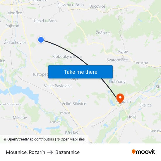 Moutnice, Rozařín to Bažantnice map