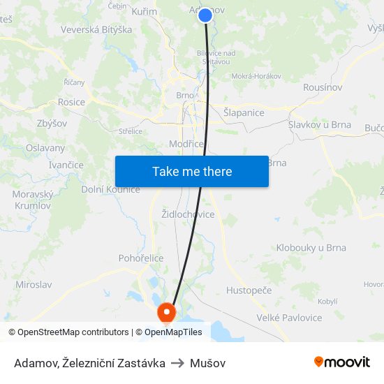 Adamov, Železniční Zastávka to Mušov map