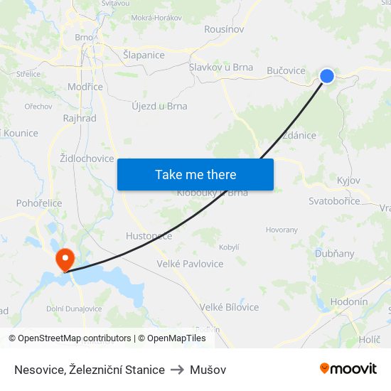 Nesovice, Železniční Stanice to Mušov map