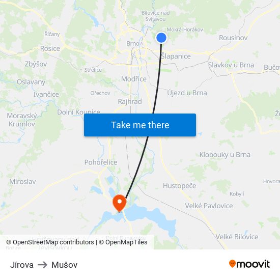 Jírova to Mušov map