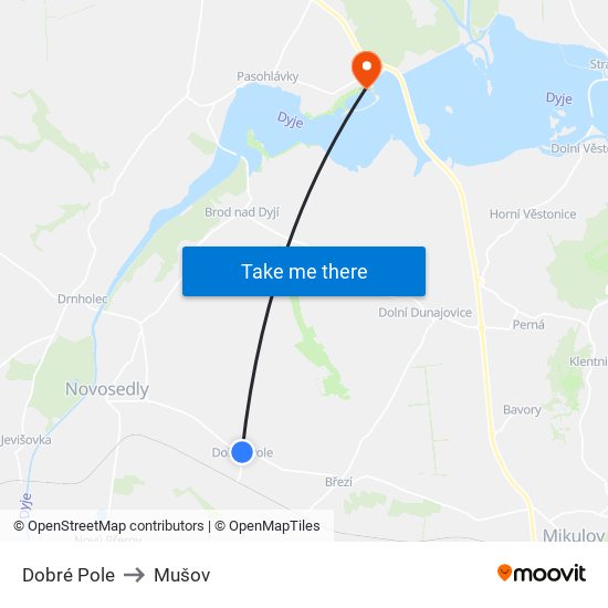 Dobré Pole to Mušov map