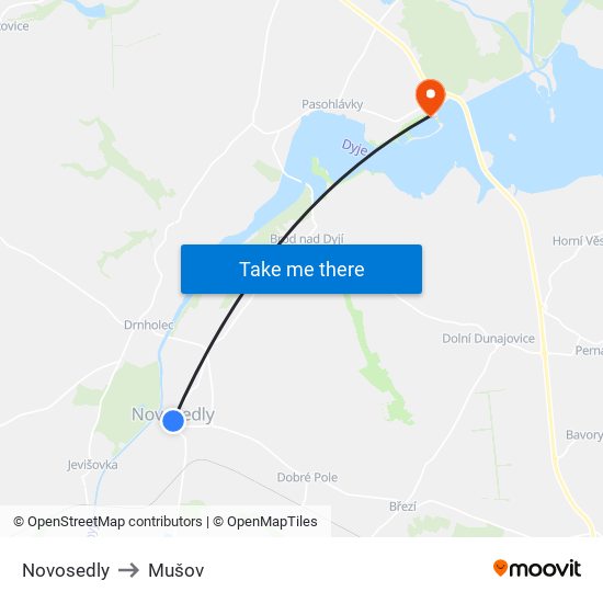 Novosedly to Mušov map