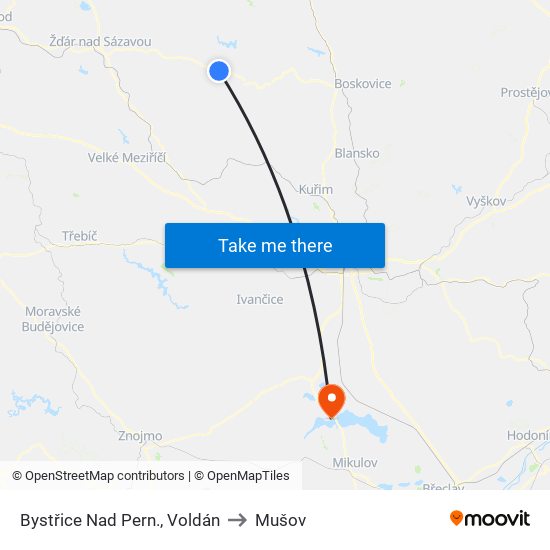 Bystřice Nad Pern., Voldán to Mušov map