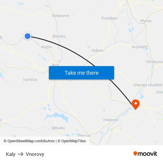 Kaly to Vnorovy map