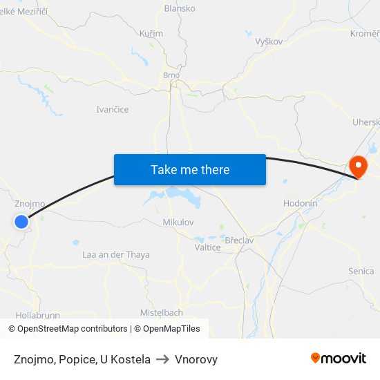 Znojmo, Popice, U Kostela to Vnorovy map