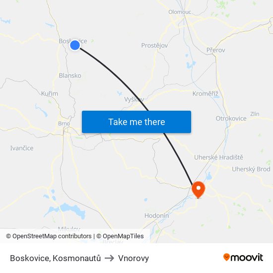 Boskovice, Kosmonautů to Vnorovy map