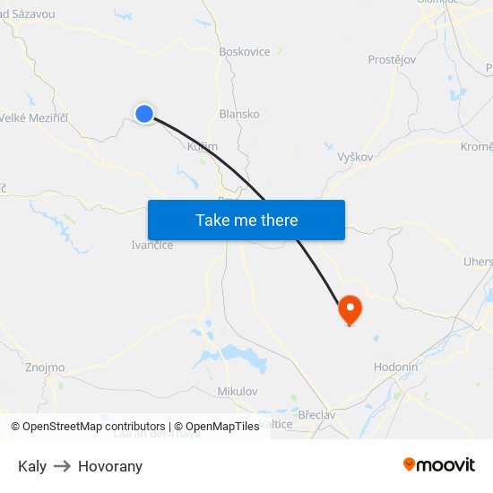 Kaly to Hovorany map