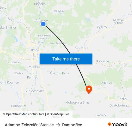 Adamov, Železniční Stanice to Dambořice map