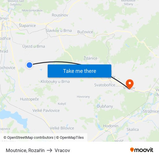 Moutnice, Rozařín to Vracov map