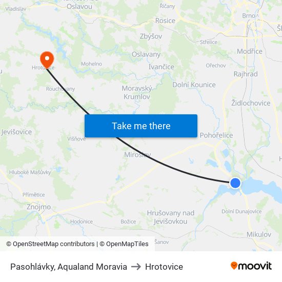 Pasohlávky, Aqualand Moravia to Hrotovice map