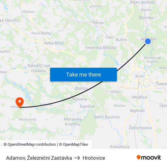 Adamov, Železniční Zastávka to Hrotovice map