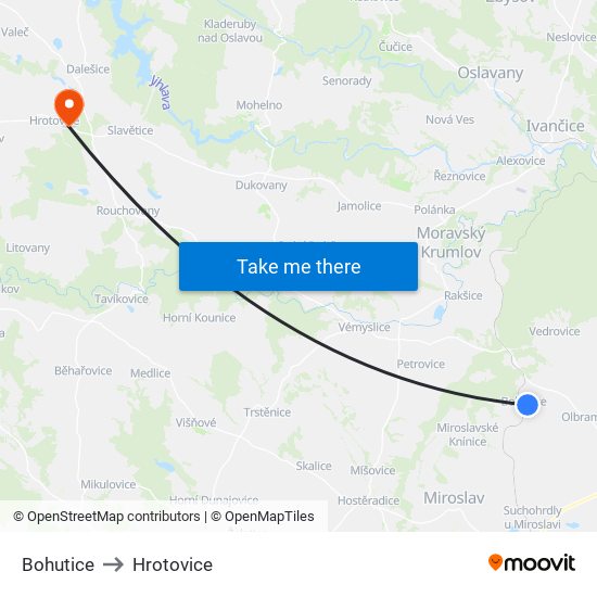 Bohutice to Hrotovice map