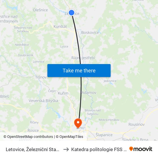 Letovice, Železniční Stanice to Katedra politologie FSS MU map