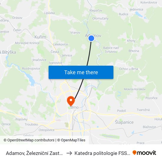 Adamov, Železniční Zastávka to Katedra politologie FSS MU map