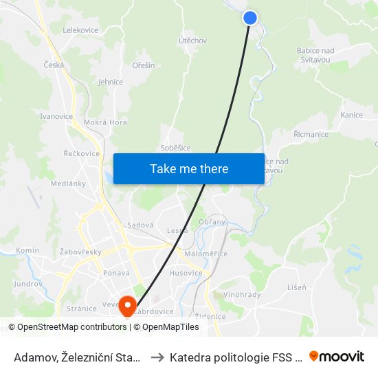 Adamov, Železniční Stanice to Katedra politologie FSS MU map