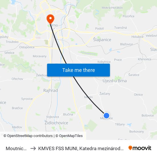 Moutnice, Rozařín to KMVES FSS MUNI, Katedra mezinárodních vztahů a evropských studií map